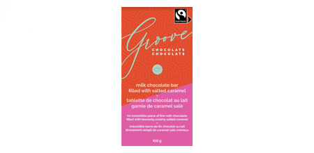 A 100g Groove milk chocolate bar with salted caramel in orange and pink packaging.