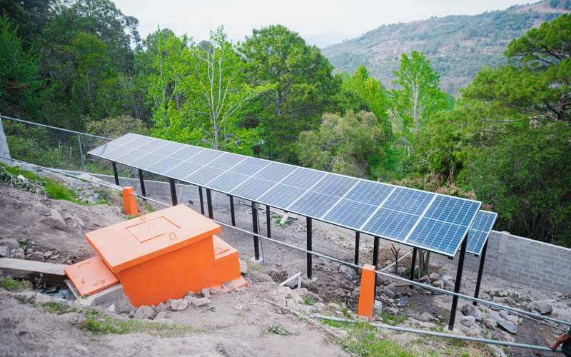 A bird’s eye view of a solar powered water filtration system. 