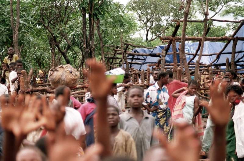 A crowd of Congolese children gather ground the camera with their hands raised. There are make-shift wooden frames in the background with tarpaulins stretched over them.