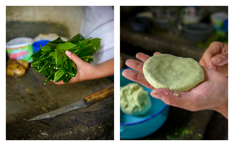 Some greens and green dough moulded into a flat circle.