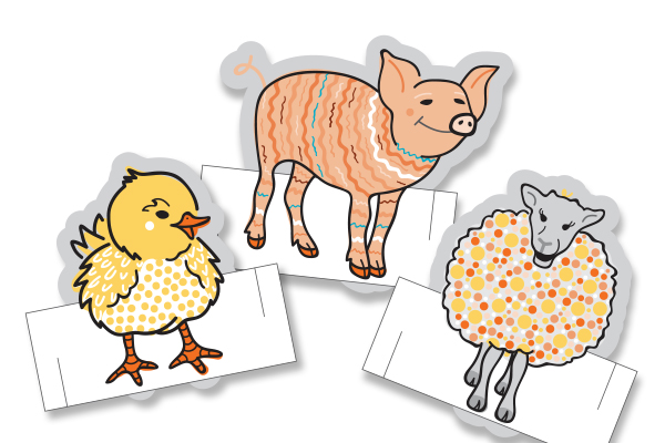 An image of various farm animals that are partly cut into shape 