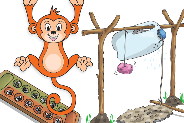 A graphic showing a kids' activity bundle, with an illustration of a monkey, a mancala game and a tippy tap.
