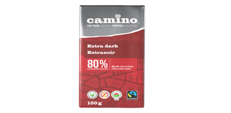 A bar of Camino fairtrade chocolate in a brown package