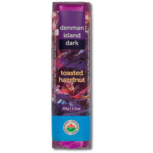 Packaging of Denman Island Chocolate’s toasted hazelnut chocolate bar.