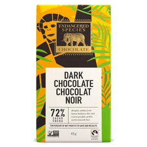 Packaging of Endangered Species Chocolate’s dark chocolate bar.