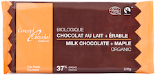 A 100g Concept Chocolat organic milk chocolate and maple bar in brown and orange packaging.