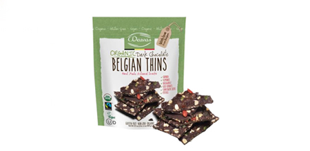 A pack of Deavas organic dark chocolate Belgian thins in white and green packaging.