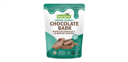 A pack of Everland organic coconut chocolate bark in green and white packaging.