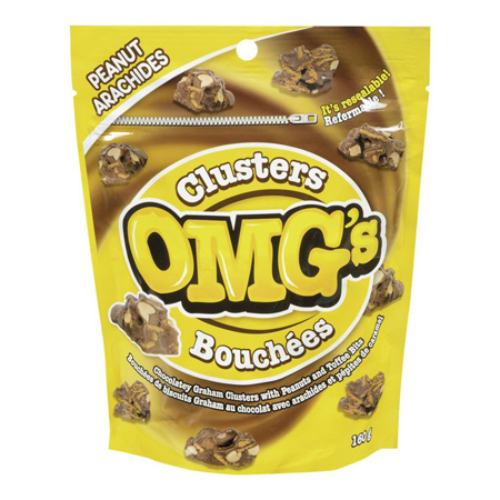 A yellow pack of peanut chocolate clusters from OMG’s Candy.