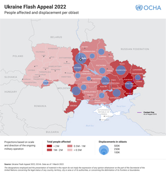 Map of Ukraine showing the regions where people are affected by the crisis.