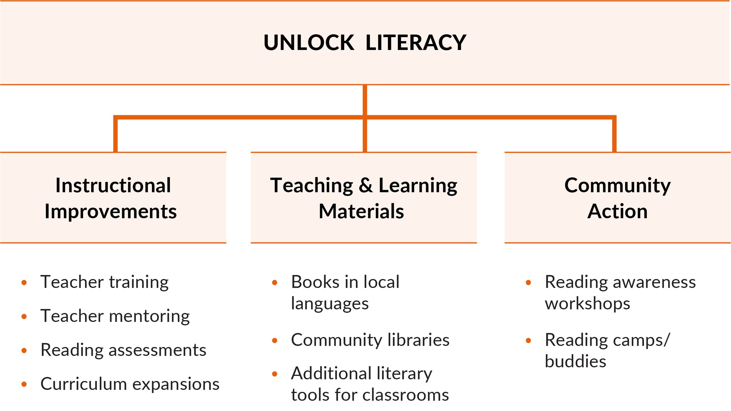 Diagram shows three channels of Unlock Literacy: Instructional Improvements, Teaching and Learning Materials, and Community Action.