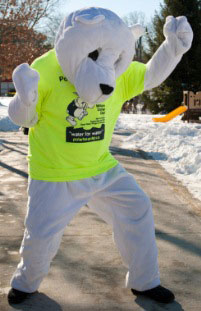 The Polar Bear mascot from World Vision Canada dancing.