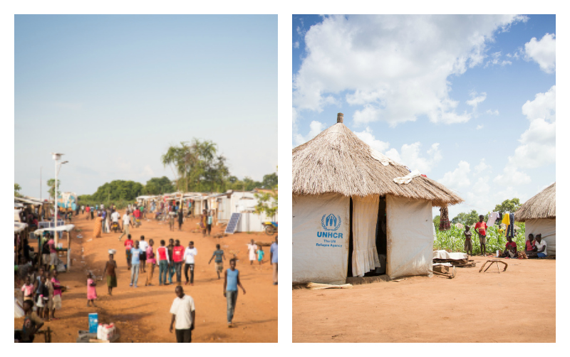 Images of people and huts at a refugee settlement