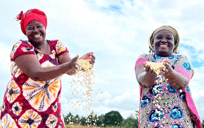 Two women dressed in colorful garments joyfully spread seeds throughout a crop field. 