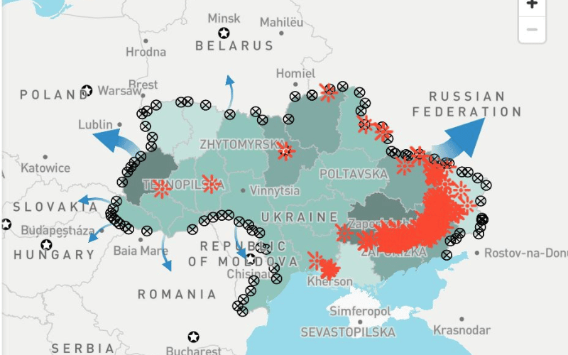 A map of Ukraine shows the regions hardest hit by conflict, with many red sparks dotting the right side of the country.