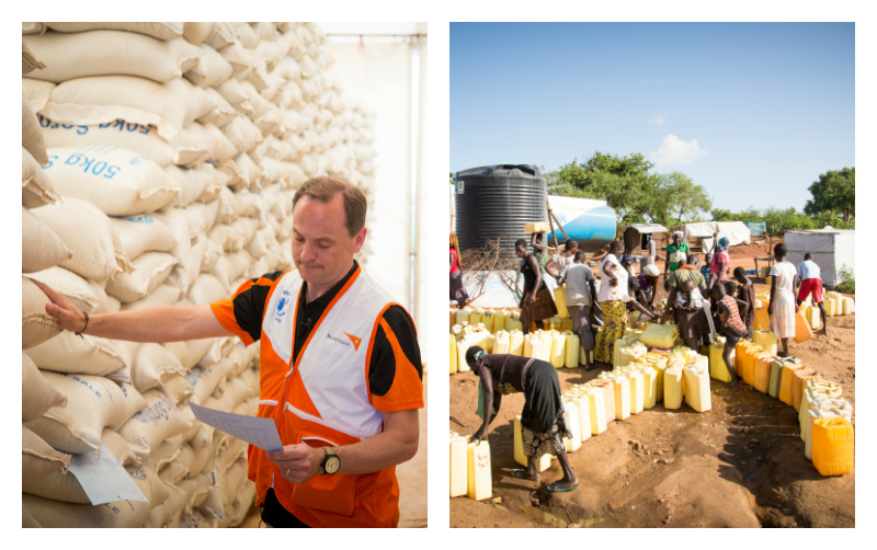 Michael Messenger counts sorghum sacks and people line up for water