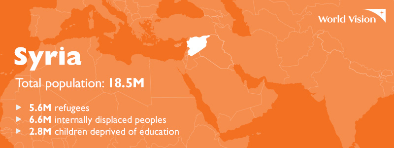 An orange map highlighting Syria in white, with a list of statistics about Syria.