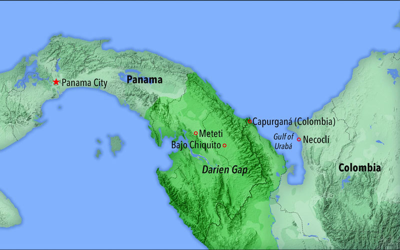A map shows the Darién Gap as the isthmus connecting Colombia and Panama.