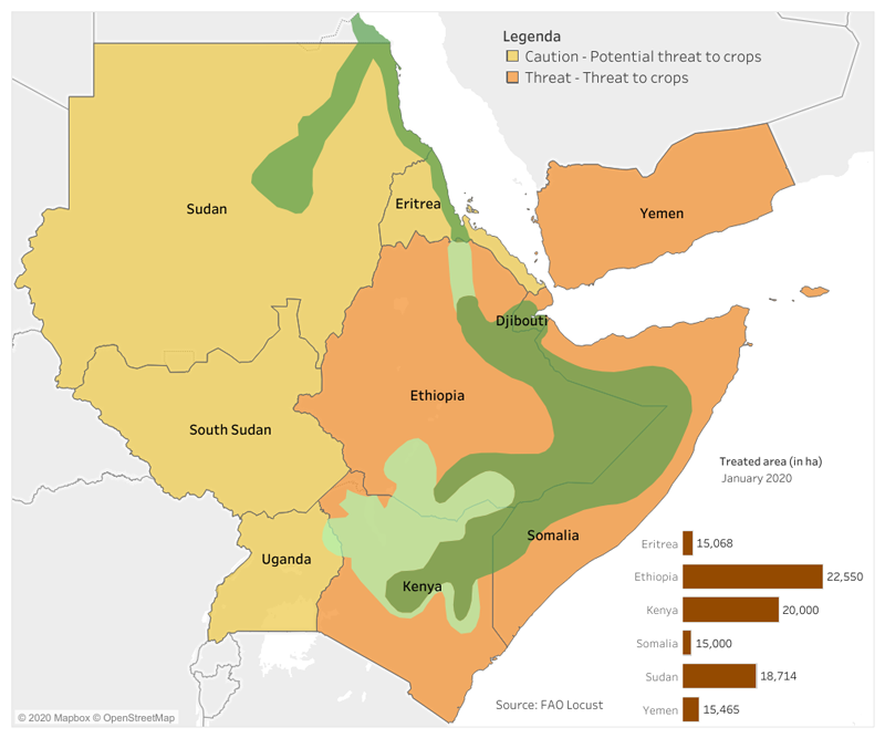 a map of east Africa showing the areas affected by desert locust swarms