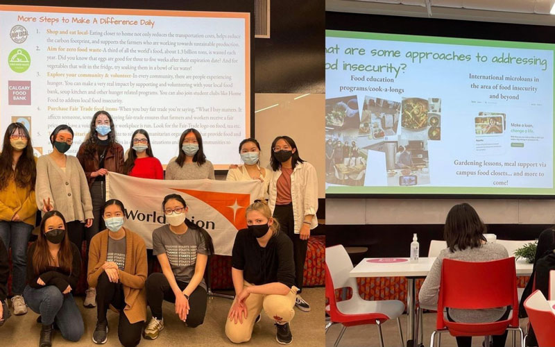Left photo: A group photo of the U of Calgary World Vision club posing with a World Vision flag at their 30 Hour Famine dinner. Right photo: the club president presenting about the issue of food insecurity.