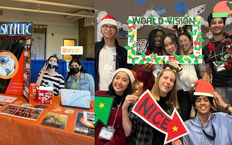 left photo: Students from UBC hosting a World Vision Club recruitment booth. Right photo: Club members posing for a Christmas photo booth.