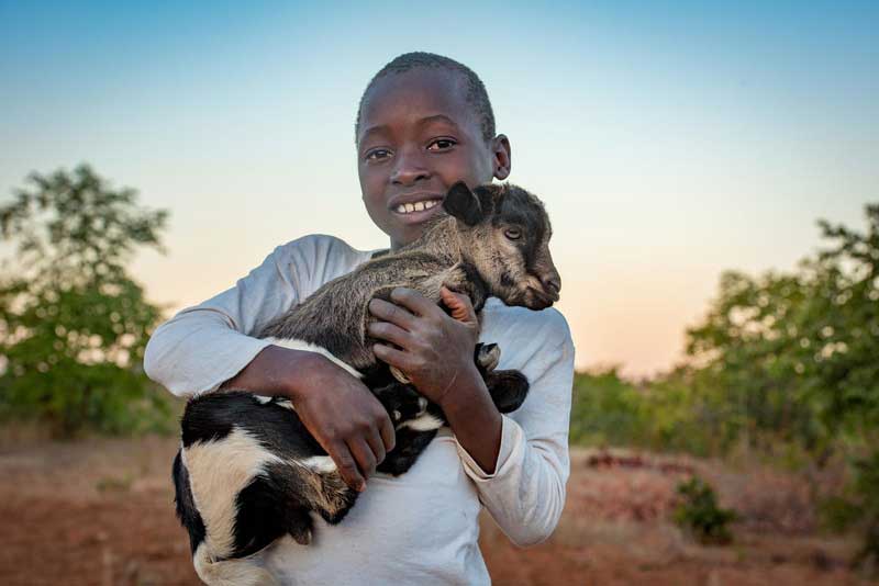 In Zambia, a boy proudly holds a baby goat, born into his family’s herd. The boy is smiling.