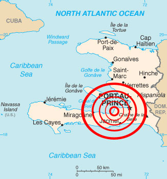 A map of Haiti showing the epicenter of the earthquake that struck the country in 2010