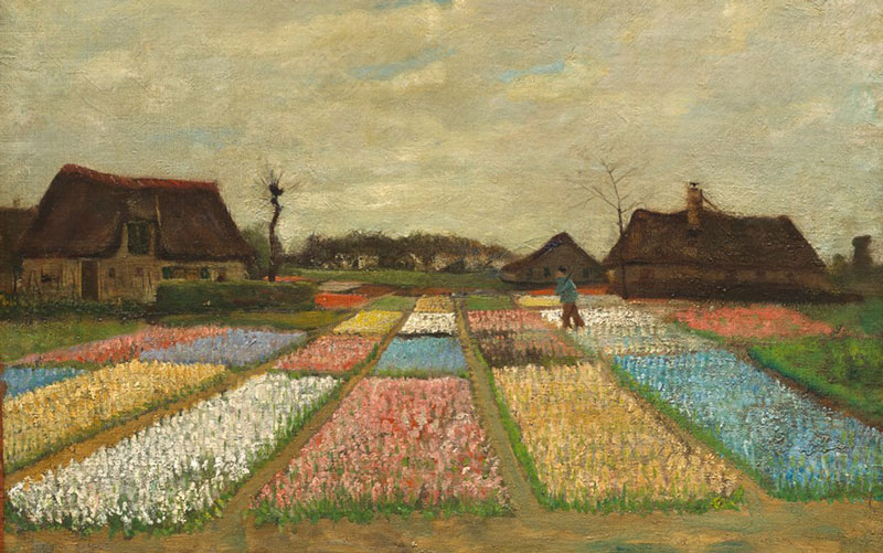 A painting shows a farmer tending colourful beds of flowers. 