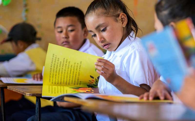 In Honduras, a primary-age girl in school uniform reads a book at her desk.