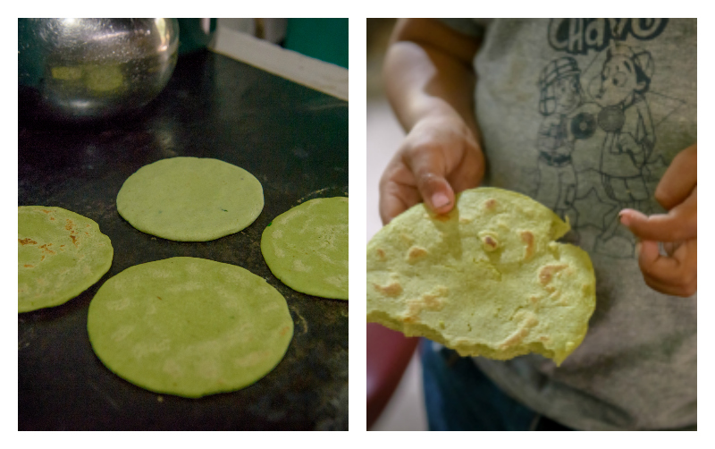 Green tortillas on a grill and in someone's hands.