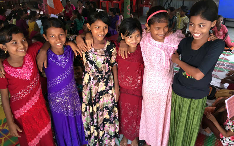 A group of Rohingya girls at a Child-Friendly Space in Cox's Bazar, Bangladesh
