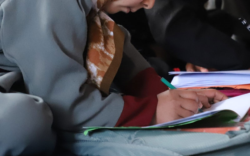 A kindergarten-aged girl writes in a notebook. Photo is cropped to show lower face only.