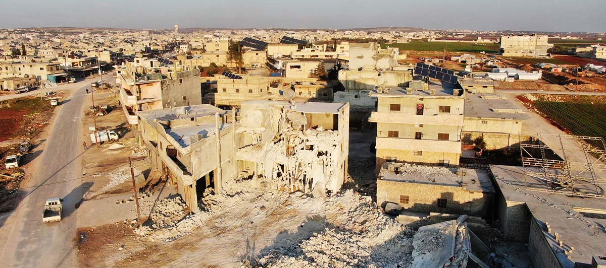 Drone footage of destruction across an area in Syria, caused by a massive earthquake.
