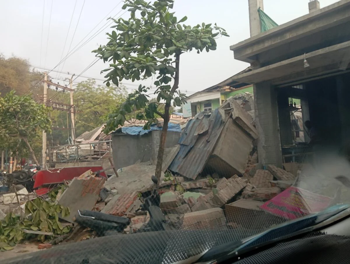 Rubble surrounding a partially destroyed building in Myanmar