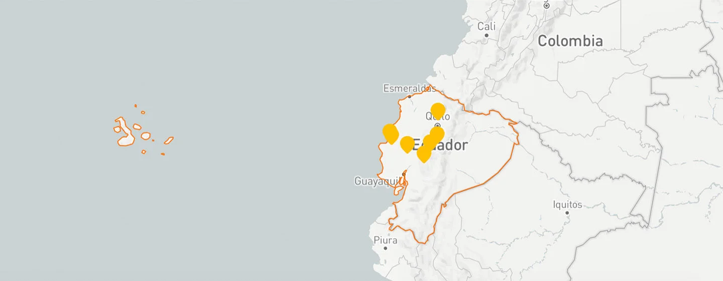 A map of Ecuador showing several locations where World Vision made an impact. 