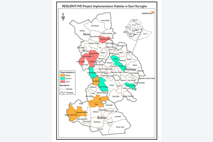 RESILIENT-WE Project Implementation Kebeles in East Haraghe Map.