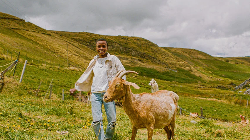 A boy wearing jeans stands in a grassy field with a brown goat.