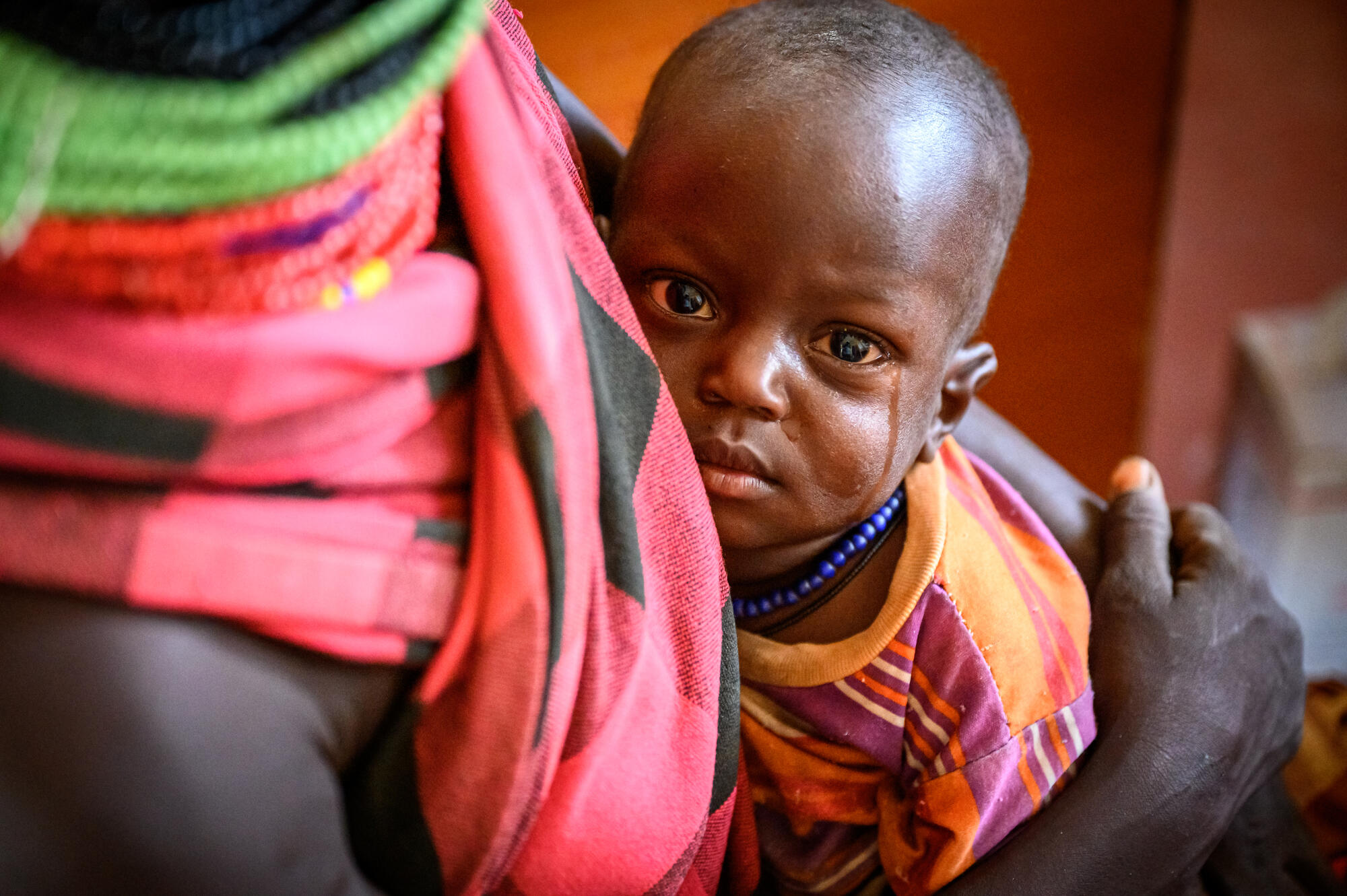 Ekidor Lopong'o takes baby Malik Ebei, who has a high fever from malaria, to the Nakorio dispensary for treatment.

Ekidor Lopong’o and family 
Husband: Paul Eregae
Aote is a 14-year-old boy. 
Mante is a 12-year-old girl. Her birthday is on 28th August 
Echoko is a 10-year-old girl
Namojong is an 8-year-old girl
Akaliban is a 3-year-old girl 
Malik Ebei is a 1 yr, 3 months old boy.
 
In Nakorio, an hour’s drive east of Lodwar in Turkana, Kenya, Ekidor sits on the skin of the family’s last camel, weaving reeds gathered from Lake Turkana into a basket. A mother of six, her husband burns charcoal to make a living in a place where few people have work. She never stops weaving, threading thin pieces of reed together to make a flat round basket. This basket will take nearly three weeks to complete and bring in 400 shillings (US$3.36). She sits, her feet stretched out in front of her. Her son, 1-year-old Ebei, sits close, sometimes trying to nurse. It is of no use. Ekidor has no milk. Her daughter, Mante, 12, is interested in the conversation and never leaves her side. The family has lived here in Nakorio for 10 years. They sometimes move around, looking for water. They no longer have any animals, due to the drought. Ekidor says: "The situation has been the same. The rainfall comes once a year or once every two years. Getting rainfall is a blessing." But there have been no such blessings as of late. "The climate never changes," she says.
As she speaks, she stuffs a circle of reeds into a coffee cup with water to wet them. When she goes into the hut to show her visitors where she stores food, a goat drinks from the cup before the children can shoo it away. Water is a precious commodity for everyone who lives here.  "Though the lifestyle is desperate, we are used to it," says Ekidor. They eat just one meal a day. "I can only buy dry maize," she says. It is difficult. If we get food, we give it to the kids. We depend on food distributions.”
Life for Ekidor is divided 