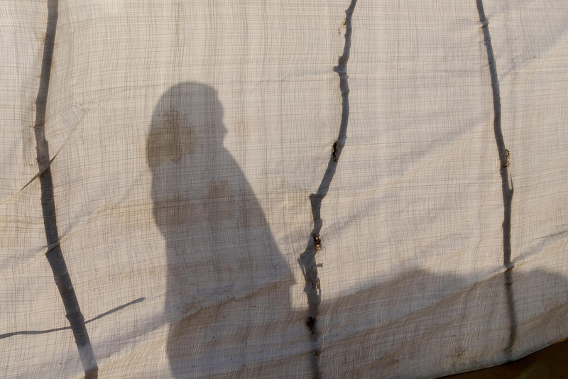 We see the silhouette of a girl, head covered with a scarf, walking past a tent.