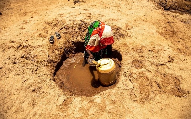 A girl sends over a jug sitting in a muddy hole.