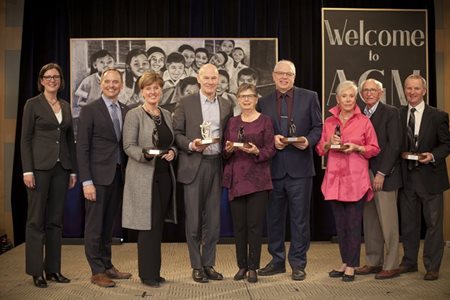 World Vision Canada honoured a group of extraordinary Canadians for their passion to help the world’s most vulnerable children. L-R: Suanne Miedema, Michael Messenger, The Honourable Marie-Claude Bibeau, Kevin Jenkins, Beth Posterski, Rob Charand, Francine and Robert Barrett, Rodney Blythe